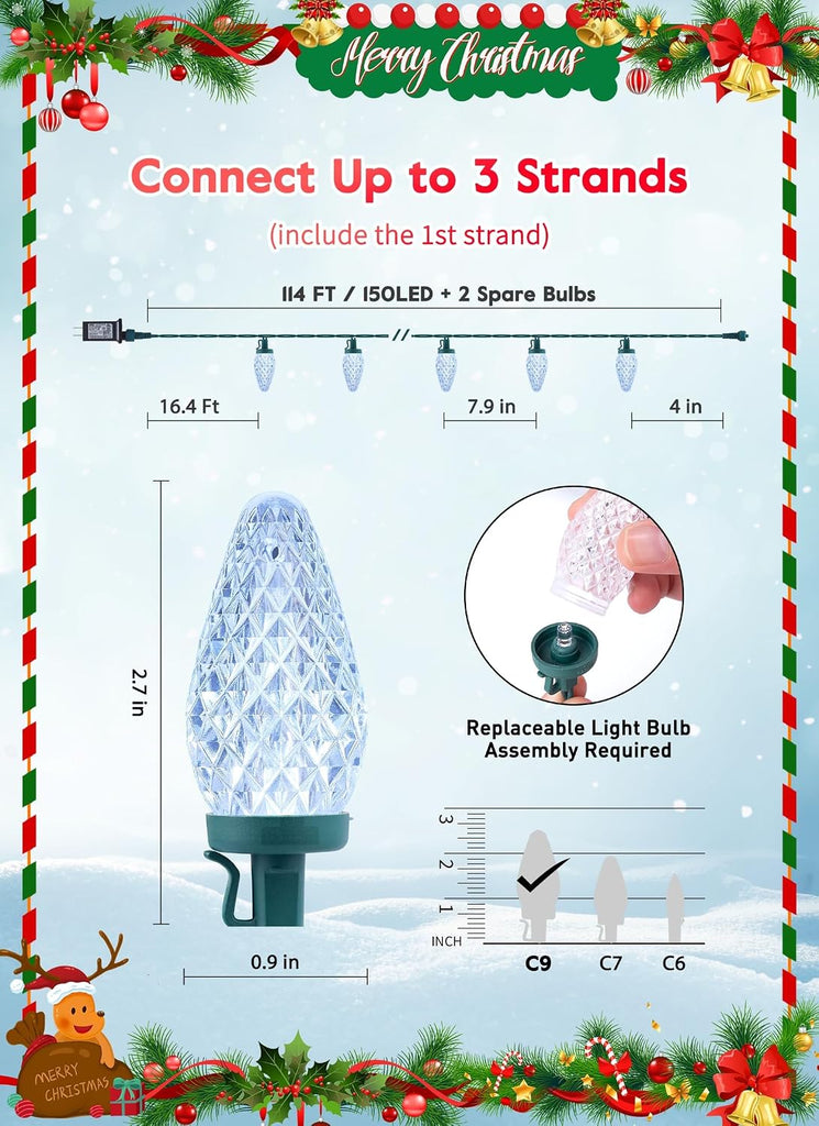 C9 Christmas Lights Outdoor, 114FT 150 LED C9 String Lights, Pure White