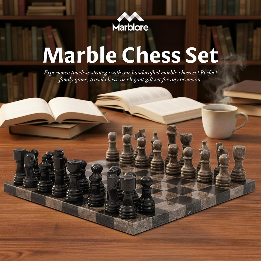 Marble Chess Set 12 Inch Oceanic and Black Luxury Decorative Chess Board Game with 32 Chess Pieces & 2 Extra Queens - Set of 34