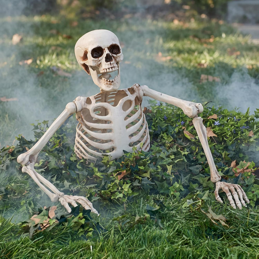 Halloween Half Skeleton Decoration with Red Glowing Eyes & Green Light-Up Body, Posable Arms, Scary Outdoor Yard