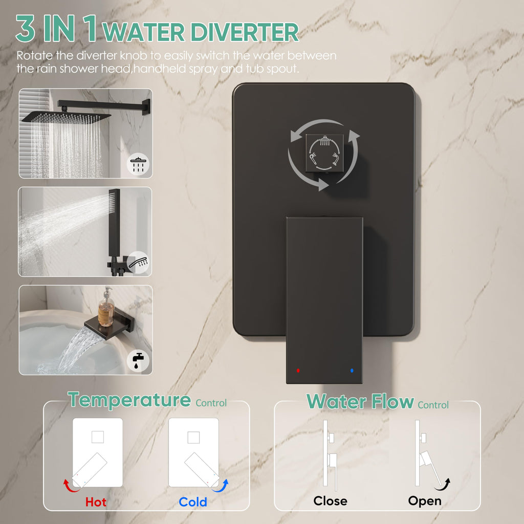 Black Tub Shower System with 10" Rain Head, Handheld & Valve Kit
