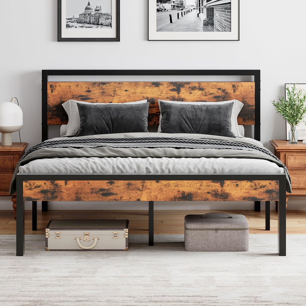 Bed Frame with Wood Headboard, Rustic Platform Bed Metal