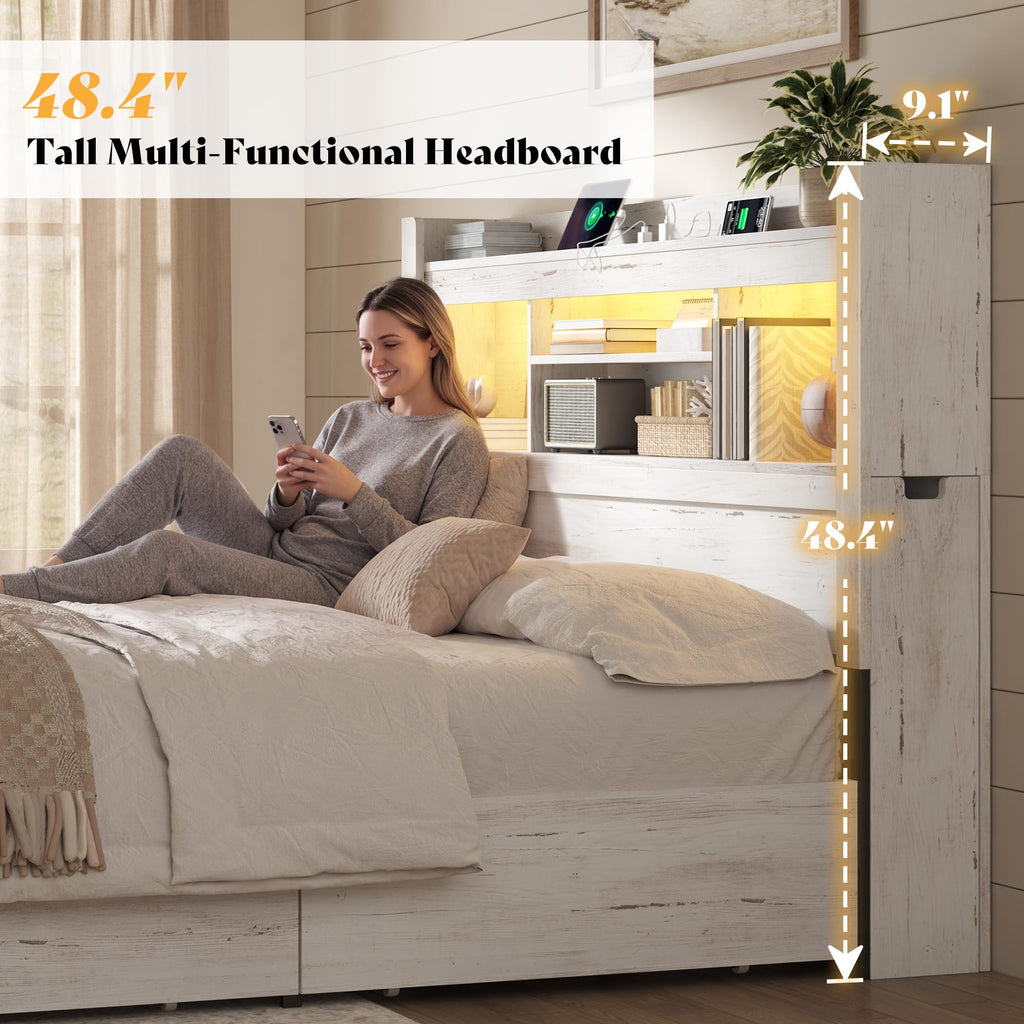 Wood Headboard Only with Storage, Distressed White