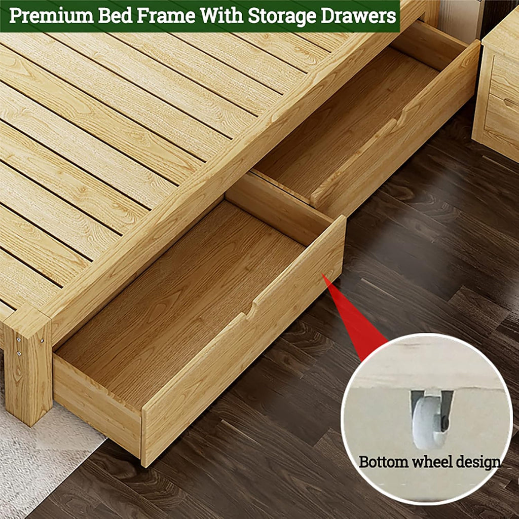 Scandinavian Japanese Bed Frame - Solid Wood Platform With Storage Drawer, 12" Tall Natural Wooden Floor Bed (39.5" W