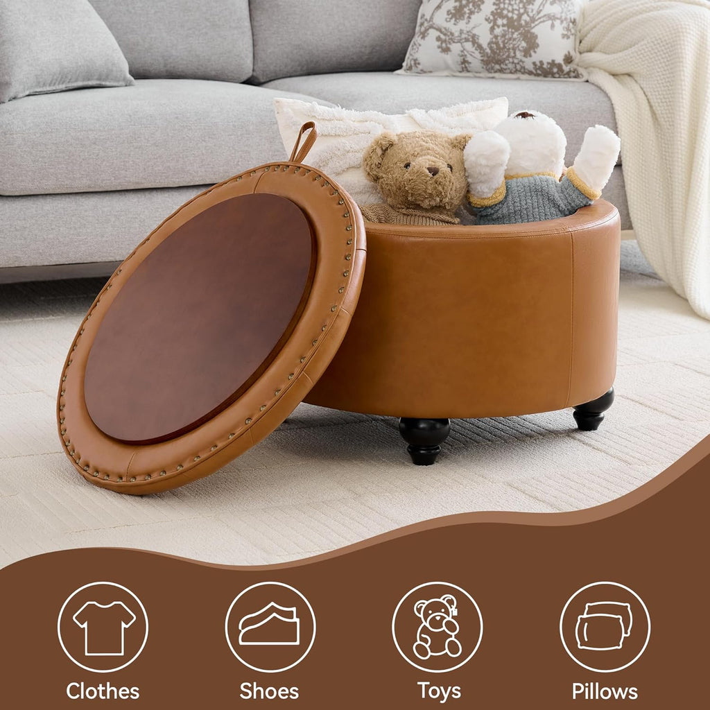 24Inch Round Storage Ottoman with Tray, Modern Tufted Leather Circle Coffee Table with Storage, Upholstered Ottoman