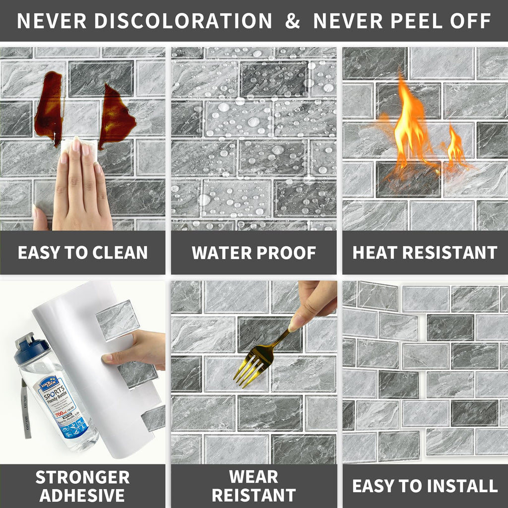 10-Sheet Stick on Backsplash ,12"x12" Peel and Stick Self Adhesive Wall Tiles Back Splashes Light Gray Marble Look