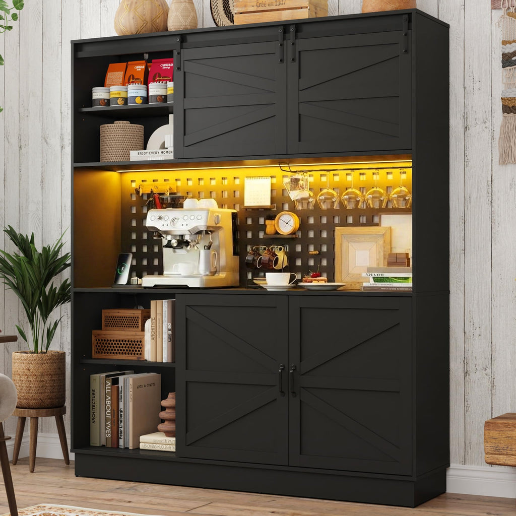 75"Tall 63"W Extra Large LED Farmhouse Kitchen Storage Pantry Hutch Cabinet w/Power Outlet, Pegboard, Coffee Bar