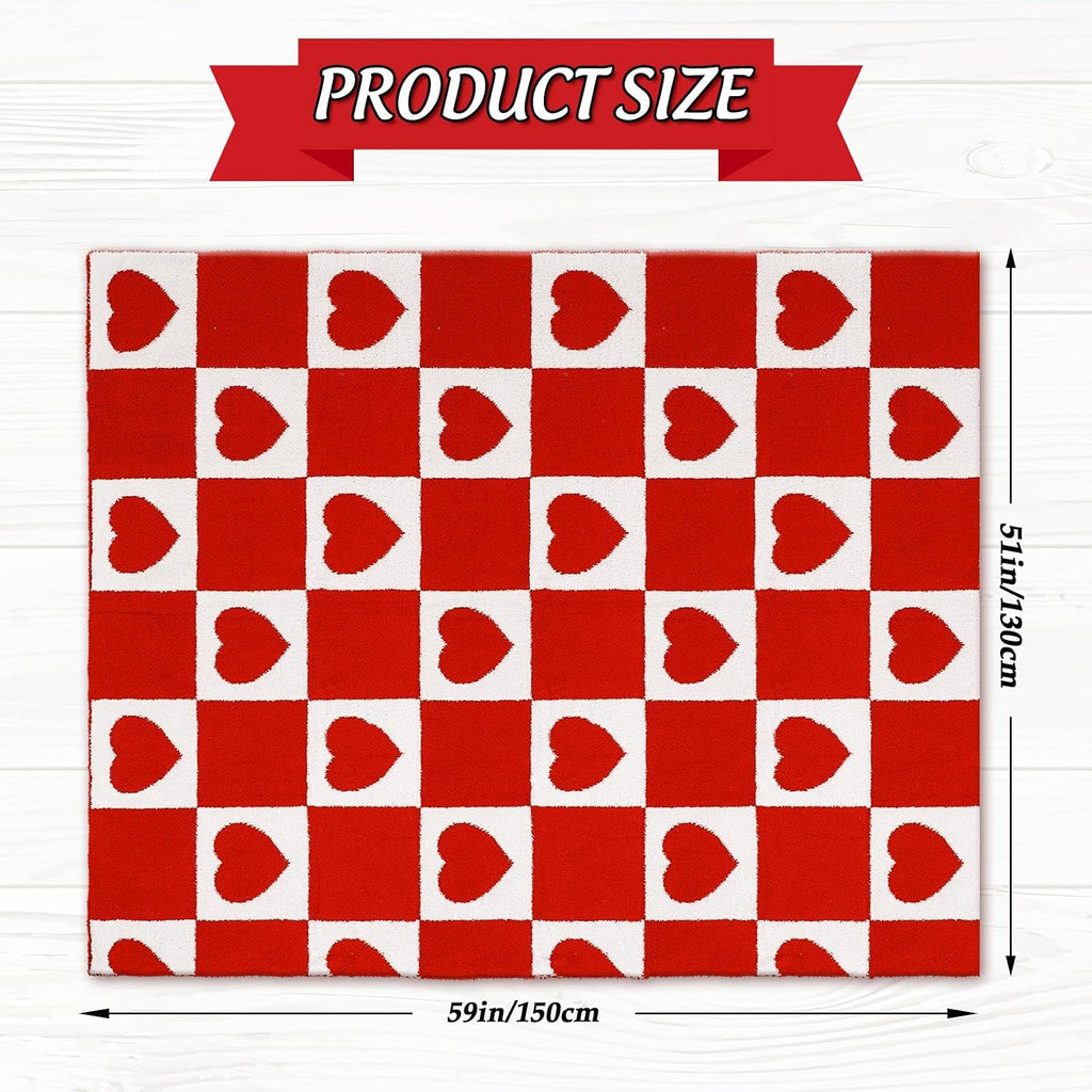 Valentine's Day Knit Throw Blanket 50 x 60 Inch Reversible Pink Red White Checkered Love Heart Plush Flannel Blankets