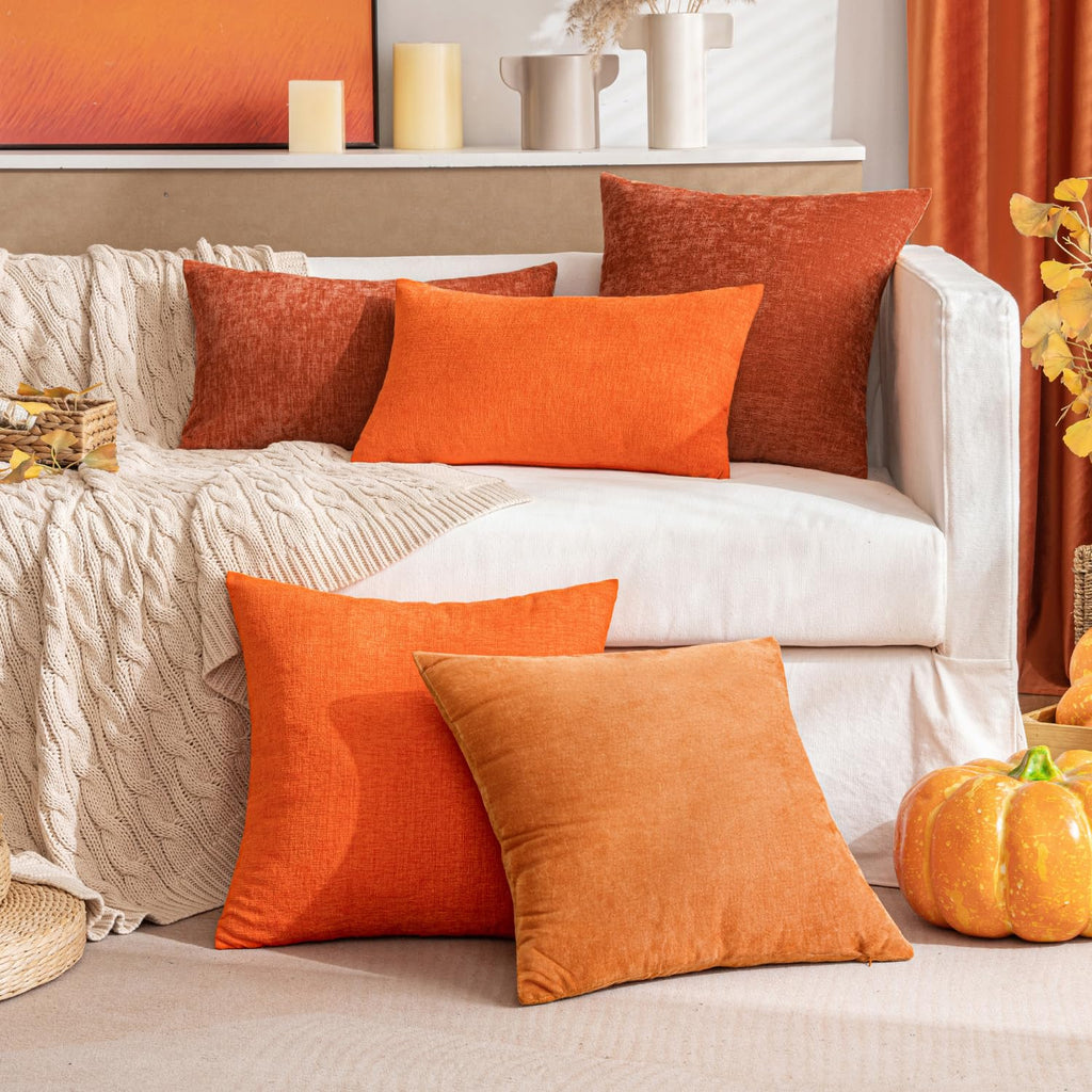 Soft Chenille Fall Throw Pillow Covers Orange 20x20 Inch Pack of 2