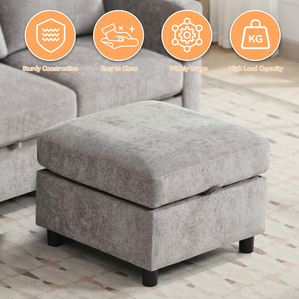 Modular Sectional Couch with Storage, 25'' Storage Sofa Ottoman, Light Grey
