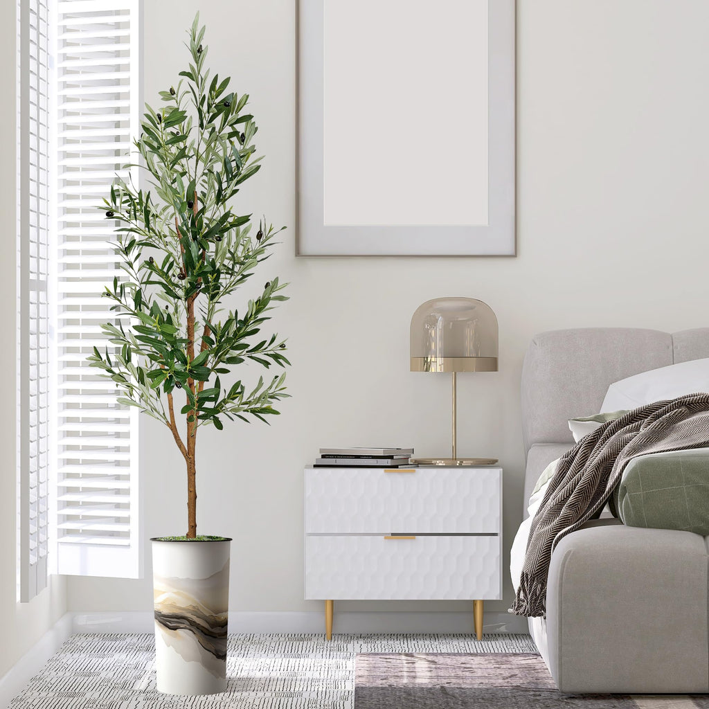 Artificial Tree in Flowing Black & White Smoke Abstract Shapes Planter, Fake Olive Silk Tree for Indoor and Outdoor