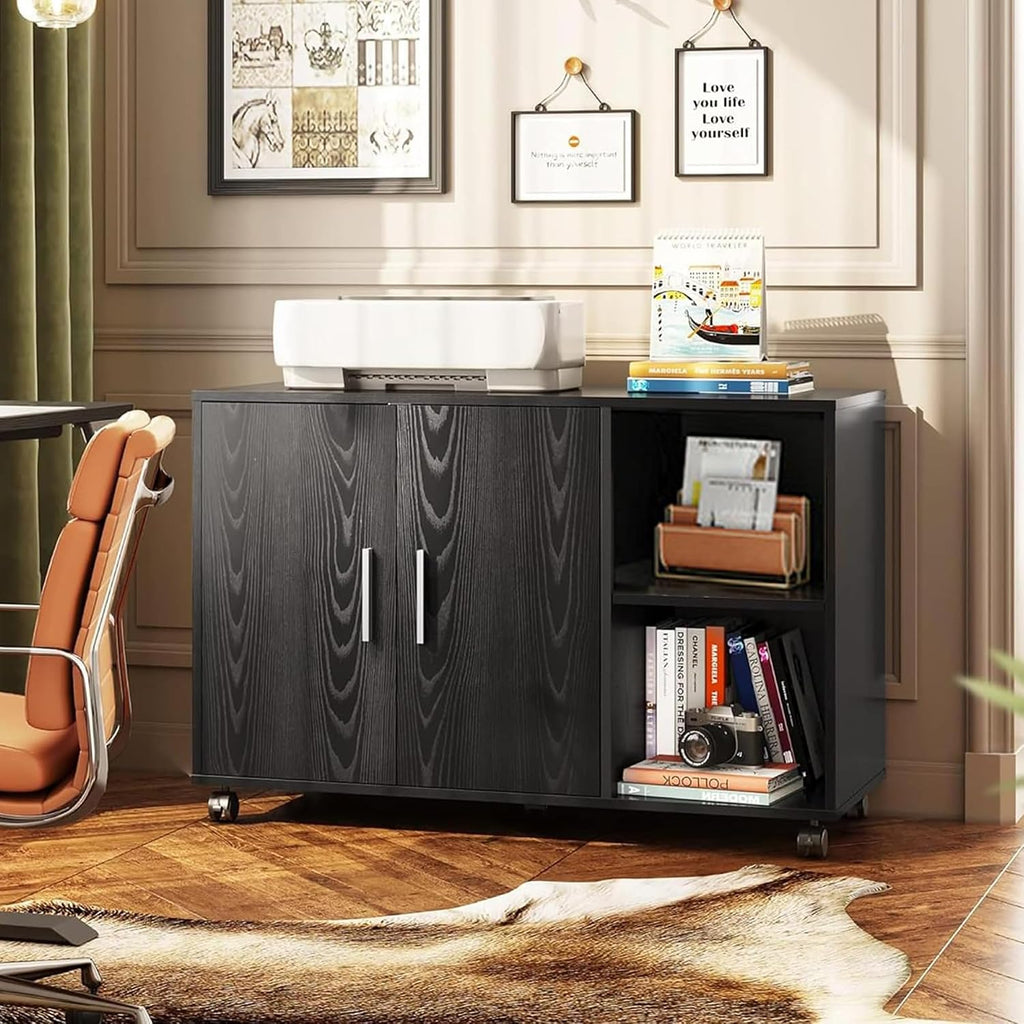 Office File Cabinet, Rolling Printer Stand, Black | Lateral Storage Cabinet, Doors and Shelves, Mobile Filing