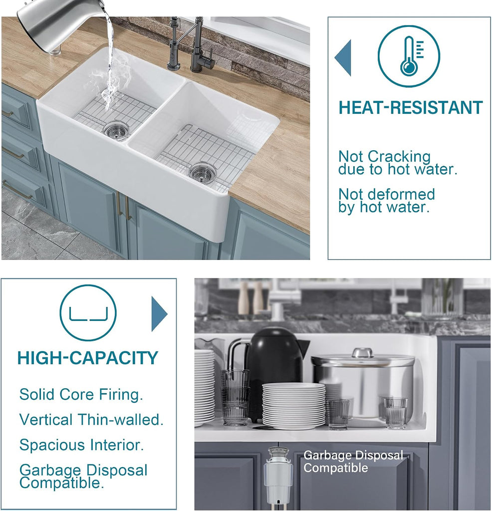 33" x 18" Farmhouse Sink Double Bowl White Fireclay Kitchen Sink | Fireclay dual bowl 50/50 , Undermount farm style
