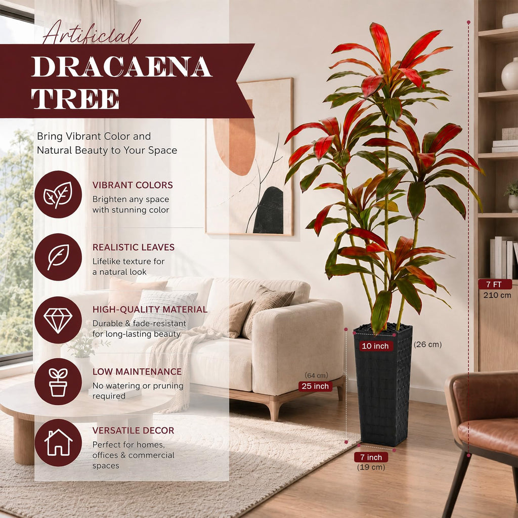 Artificial Red Dracaena Tree 7FT / Black Planter, Faux Plants Indoor