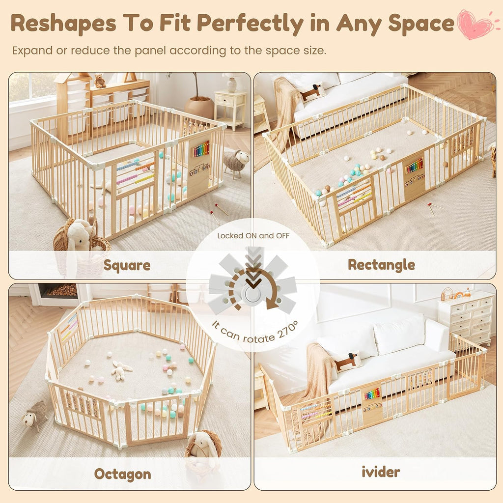 Wooden Playpen with 3 Learning Toys, Foldable 59x59, Babies & Toddlers | Learning toys: xylophone, abacus & blocks.