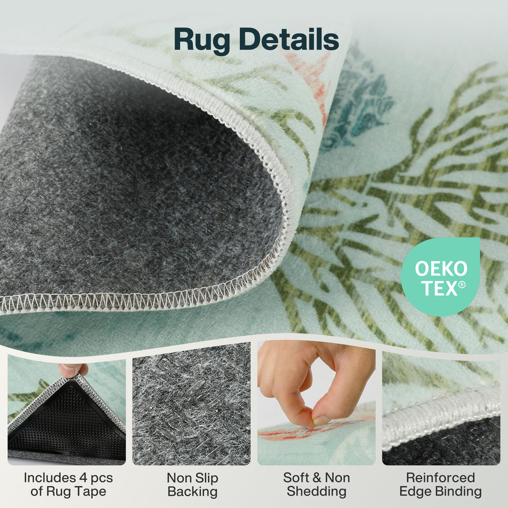 Boho Coastal 5x7 Washable Area Rugs, Green/Coral