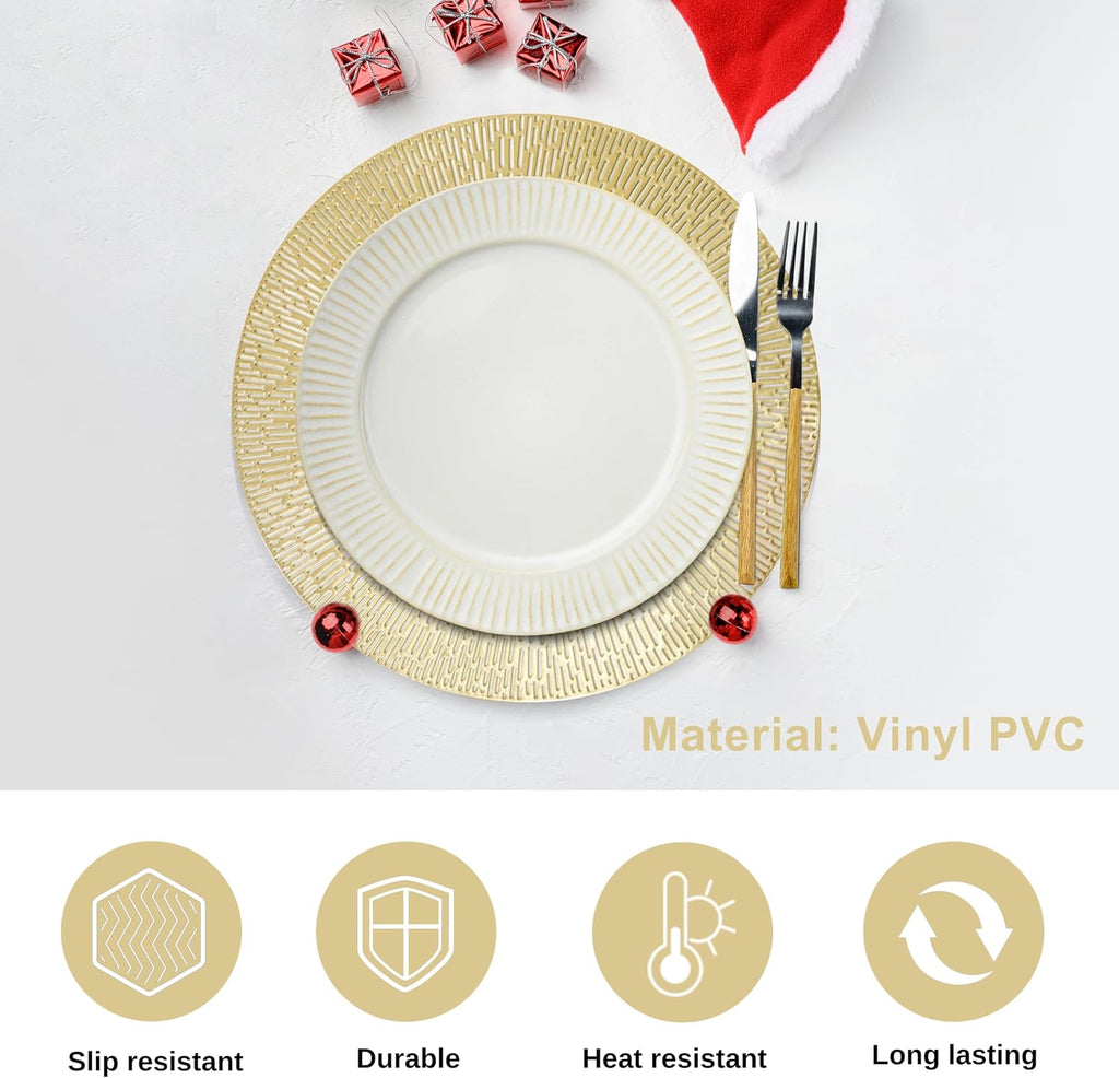 Round Gold Placemats, Gold Vinyl Metallic 15 Inch Round Placemat, Washable Wipeable Hollow Place Mats Non - Set of 12