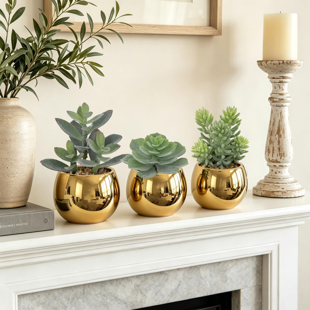 Small Artificial Succulents Potted Set of 3 Realistic Faux Succulents Plants with Gold Ceramic Pots Cute Mini Flocked