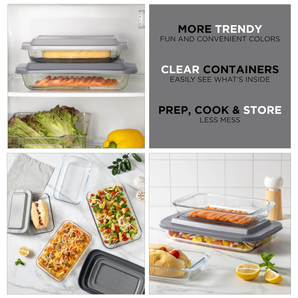 8-Piece Deep Glass Baking Dish Set with Plastic Lids - Casserole and Food Storage Containers for Lasagna, Leftovers