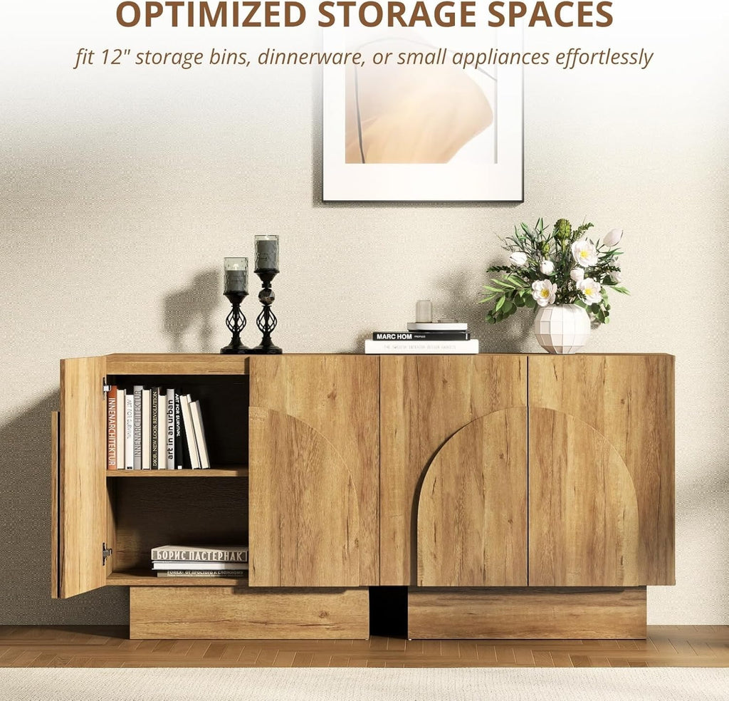 Natural Sideboard Buffet Cabinets with Storage, Modern Coffee Bar Cabinets Credenza with Arched Doors, Farmhouse