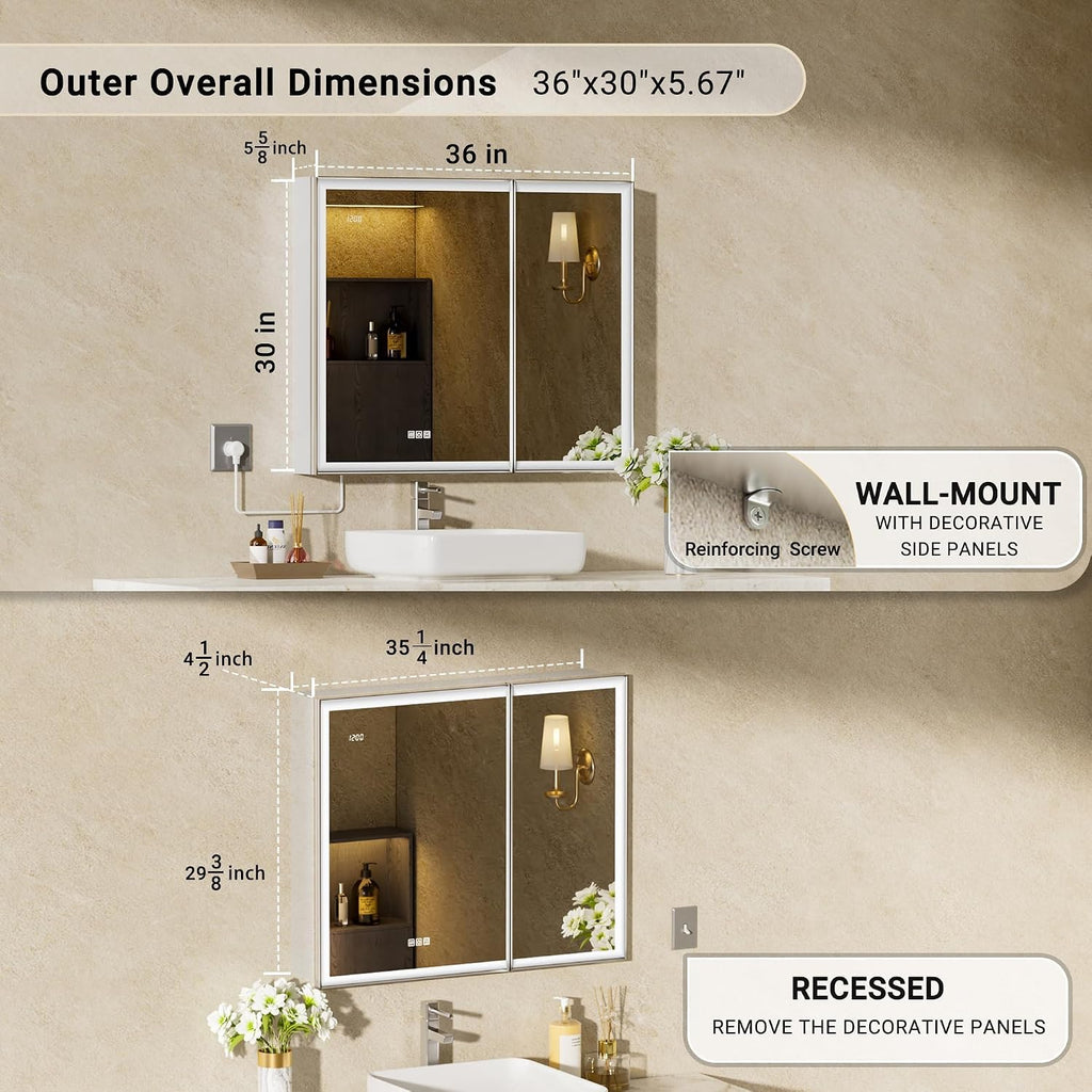 36x30 Lights Medicine Mirror Cabinet, Beveled Brushed Nickel Frame | Lighted Aluminum Bathroom Cabinet, Surface or