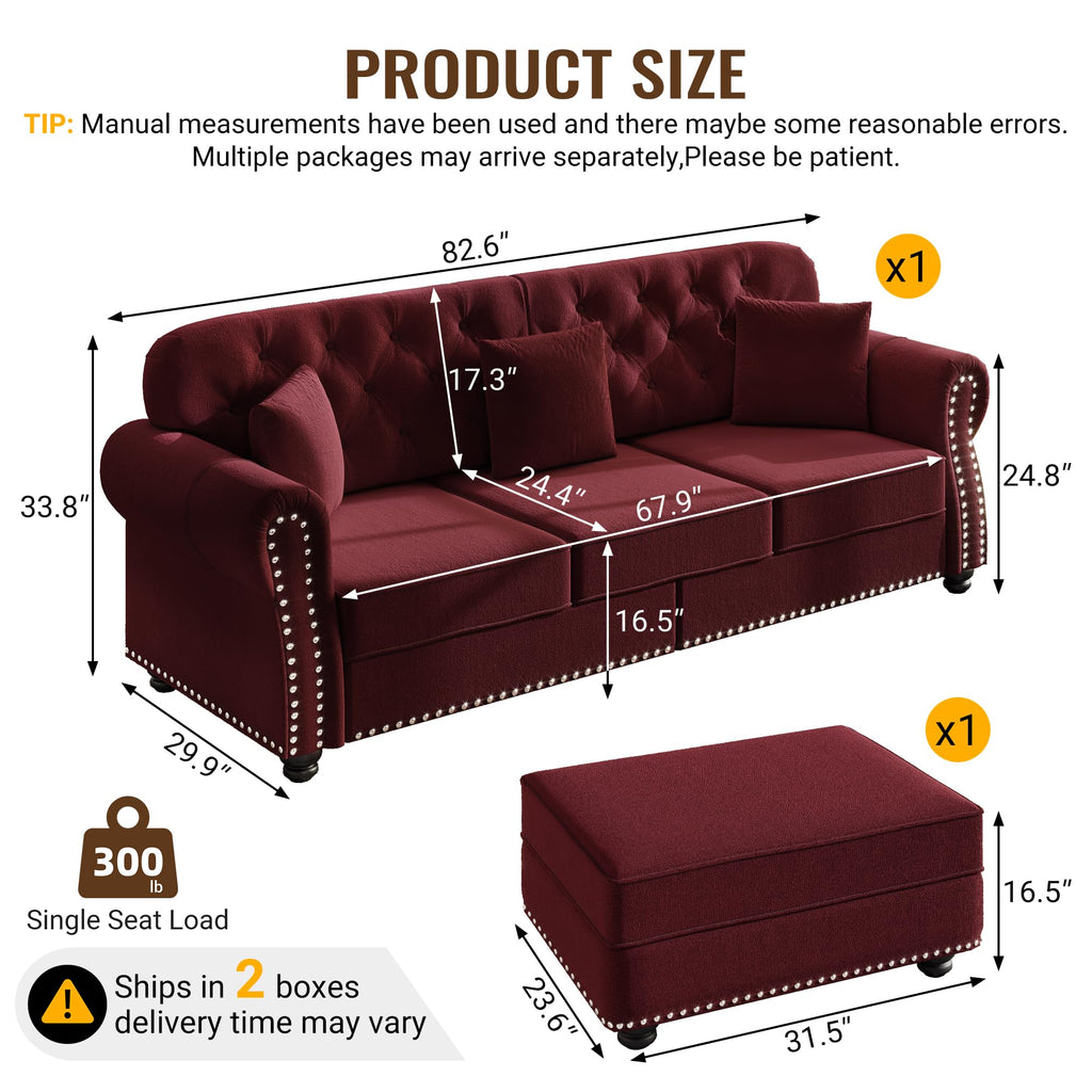 83" Velvet Chesterfield Sofa with Rolled Arms & Nailhead Trim & 1 Ottoman, Modern 3-Seater Button Tufted Couch with