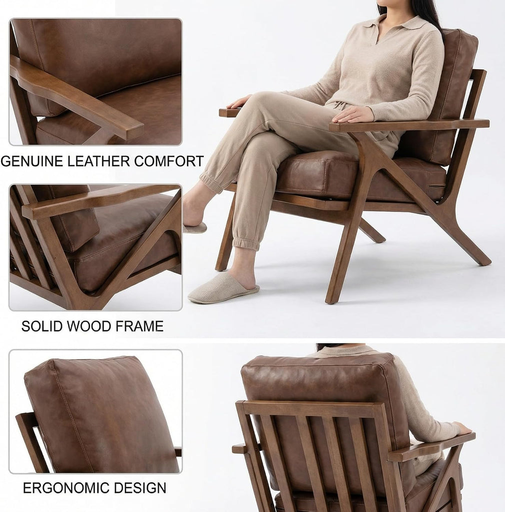 Mid Century Arm Chair, Retro Accent Armchair with Wood Frames & Faux Leather Upholstered Removable Cushions, Leisure