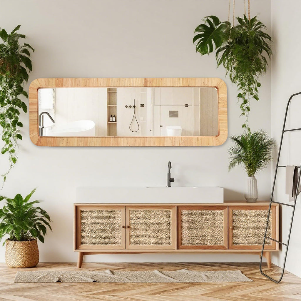 Rattan Full Length Mirror, Rectangle 63X20 Full Body Bathroom Boho Wicker Vanity Coastal Farmhouse Wood Wall Mirror