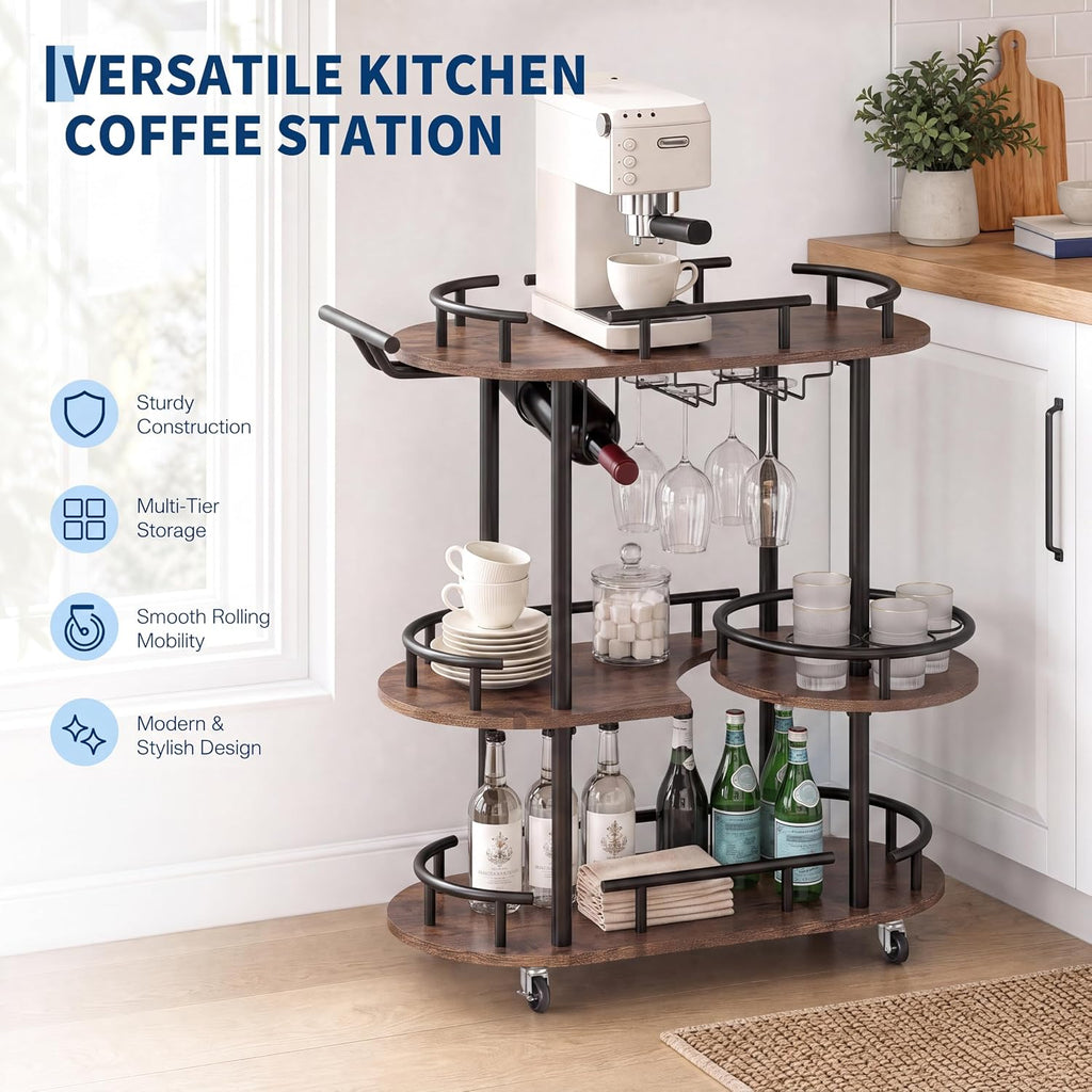 Mobile 3-Tier Serving Cart with Wine Rack and Glass Holder | Metal rolling cart with built-in wine & glass organizer