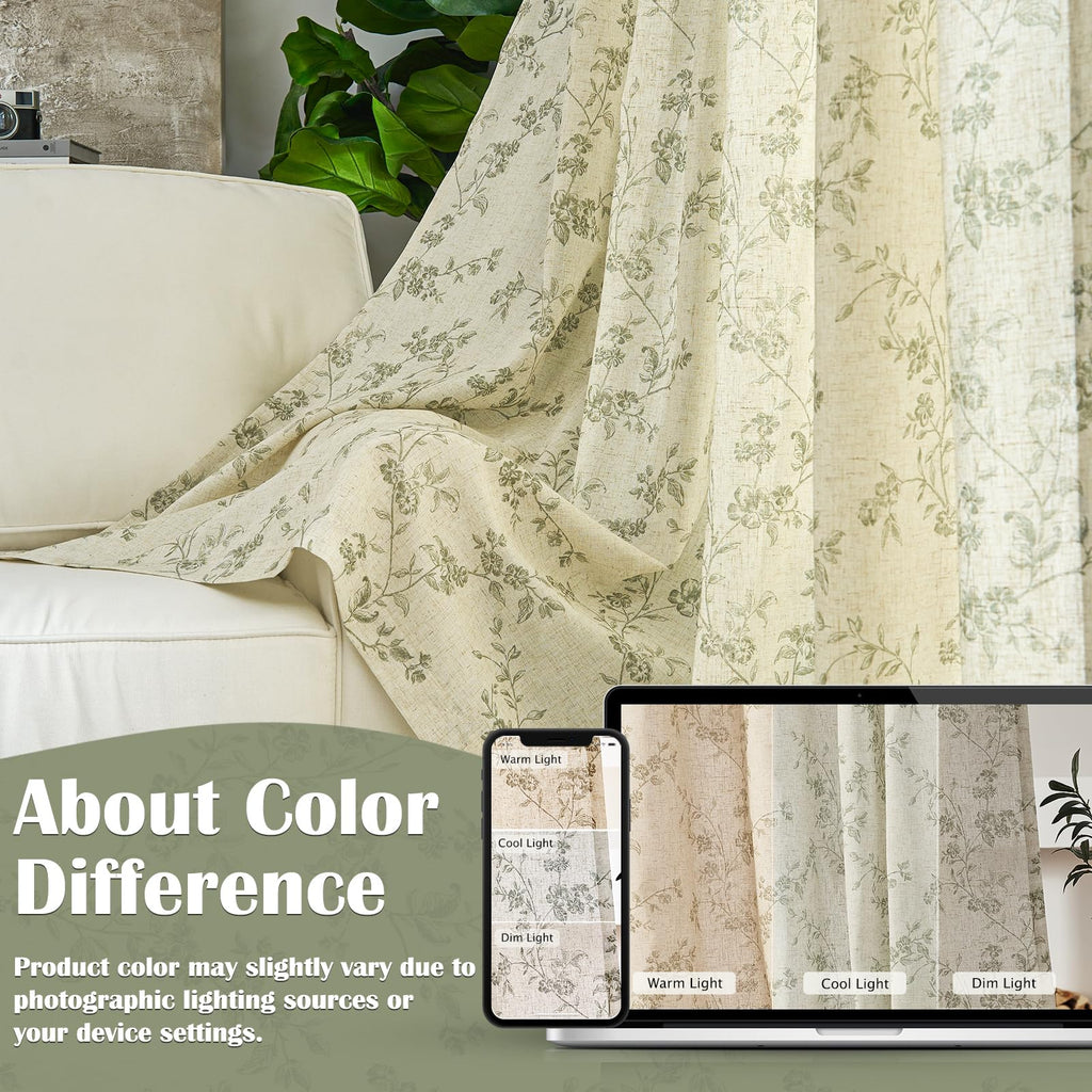 Extra Long Green Vintage Floral Linen Curtains Farmhouse 2 Panels