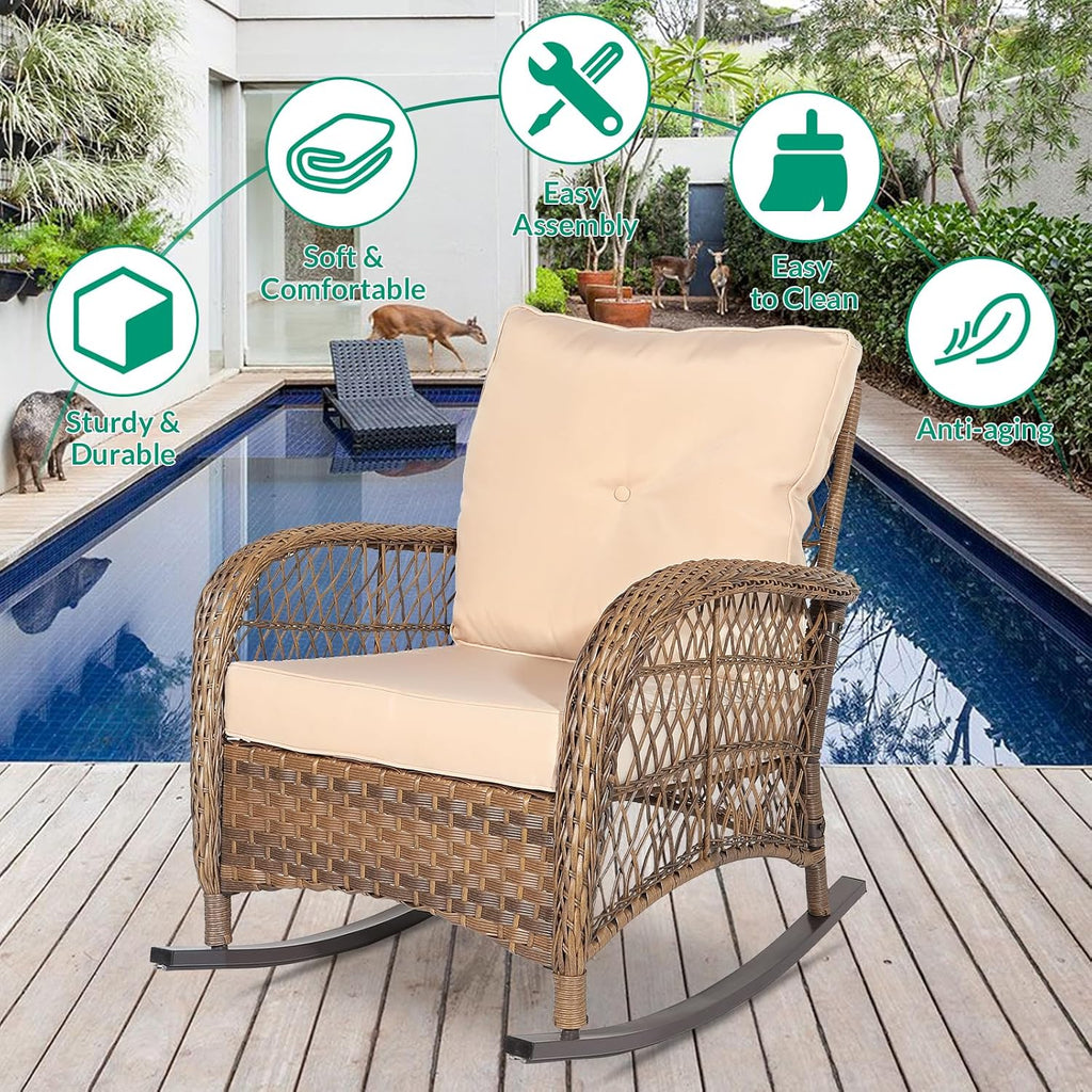 Outdoor Wicker Rocking Chair, Patio Rattan Rocker Chair with Cushions & Steel Frame, All-Weather Rocking Lawn Wicker