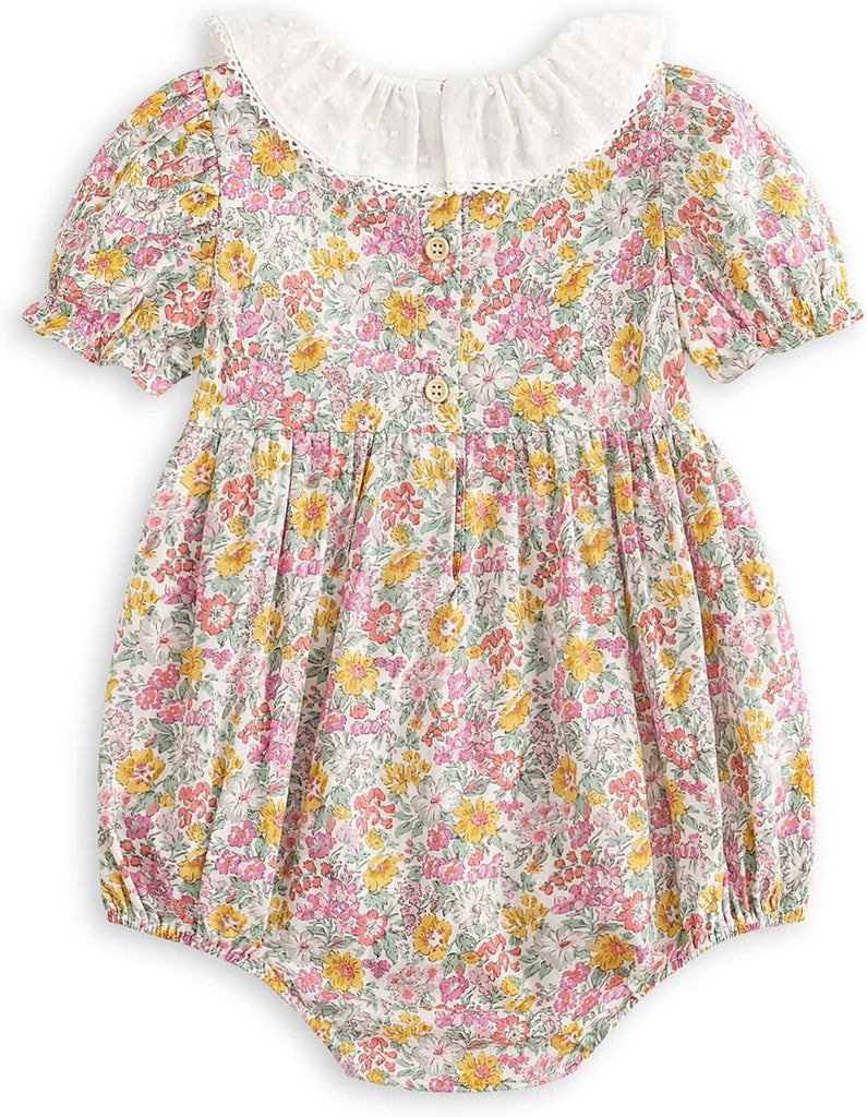 Baby Girl Smocked Romper,Ruffle Collar Bubble Floral Outfit