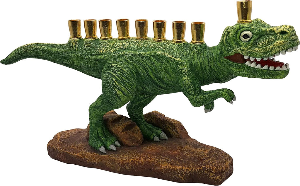 Zion Judaica Green Dinosaur Polyresin with Brass Cups Functional Kids Dino Candle Fits Standard Chanukah Candles