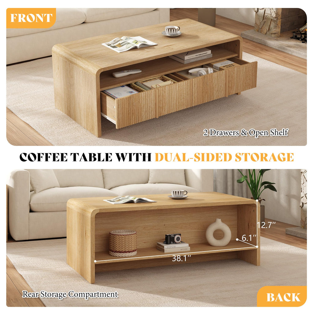 39.4" Fluted Coffee Table with 2 Drawers, Natural Oak