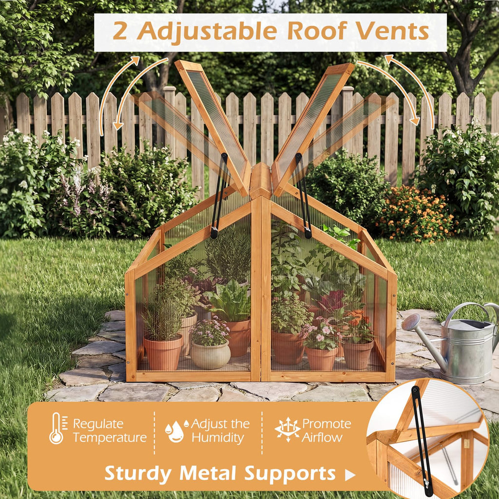 Wood Cold Frame Greenhouse, Portable Raised Flower Planter Protection with Transparent Openable Roof, Small Indoor