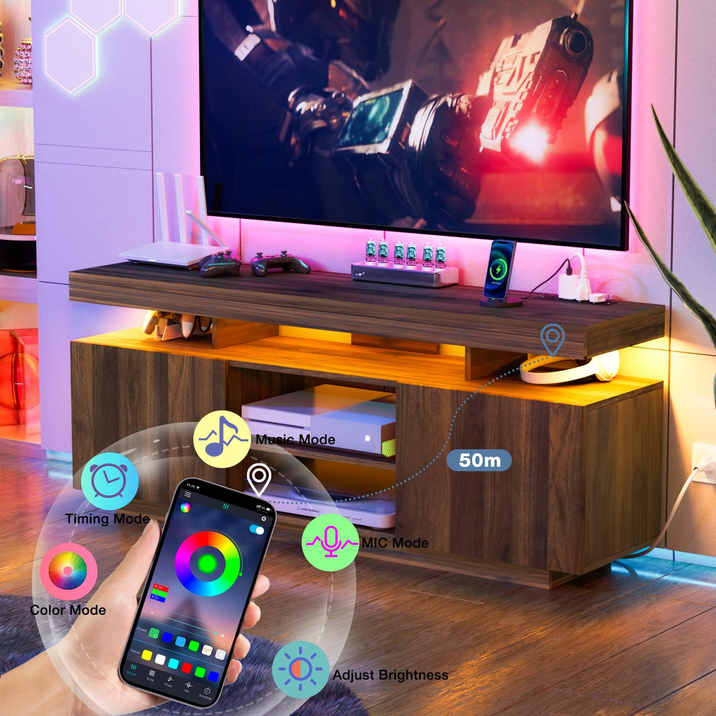 Modern LED TV Stand for 65 Inch TV, Walnut TV Console with Power Outlet, Entertainment Center with Storage for