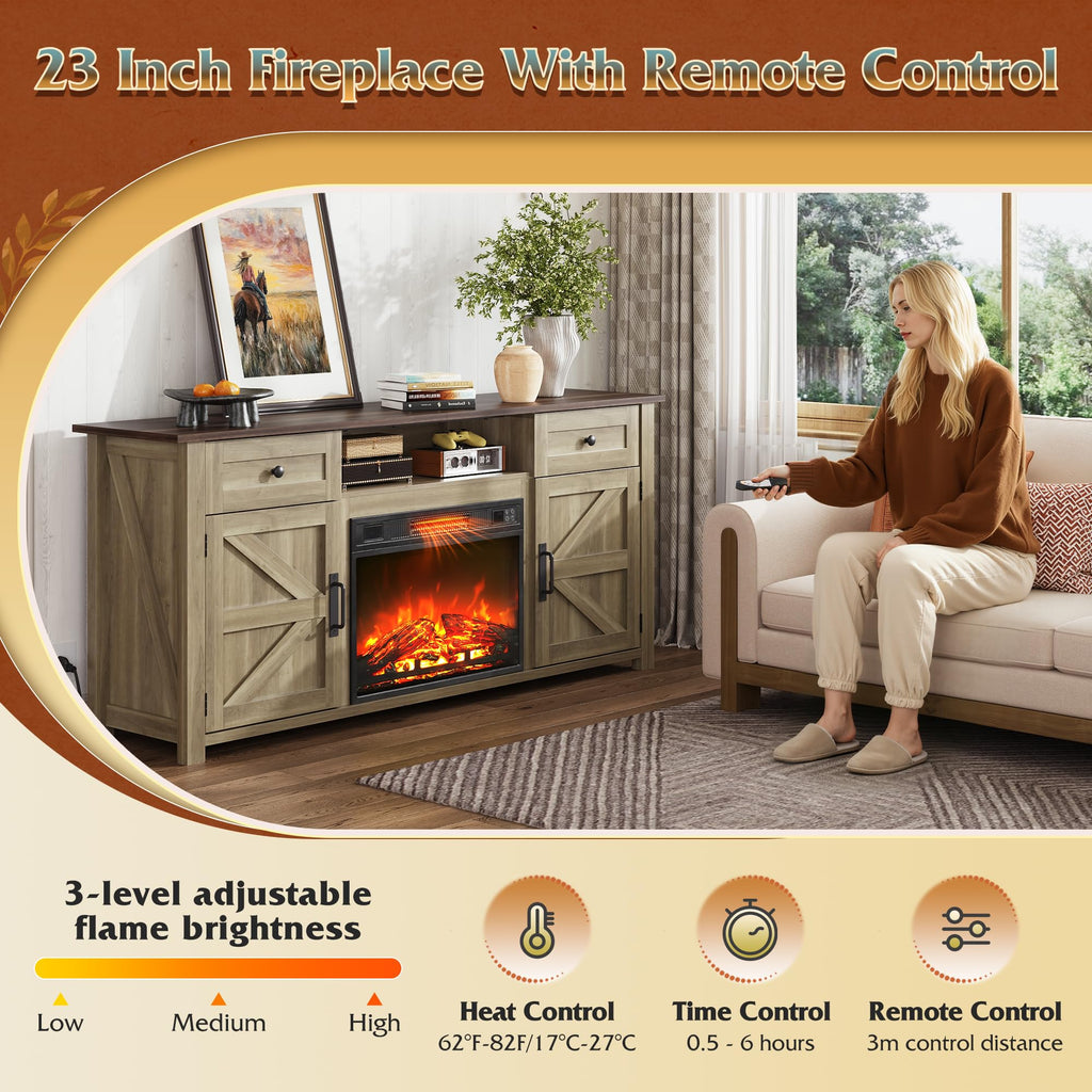 Electric Fireplace TV Stand for 65 75 inch TV, Modern Farmhouse Entertainment Center with Removable Fireplace &