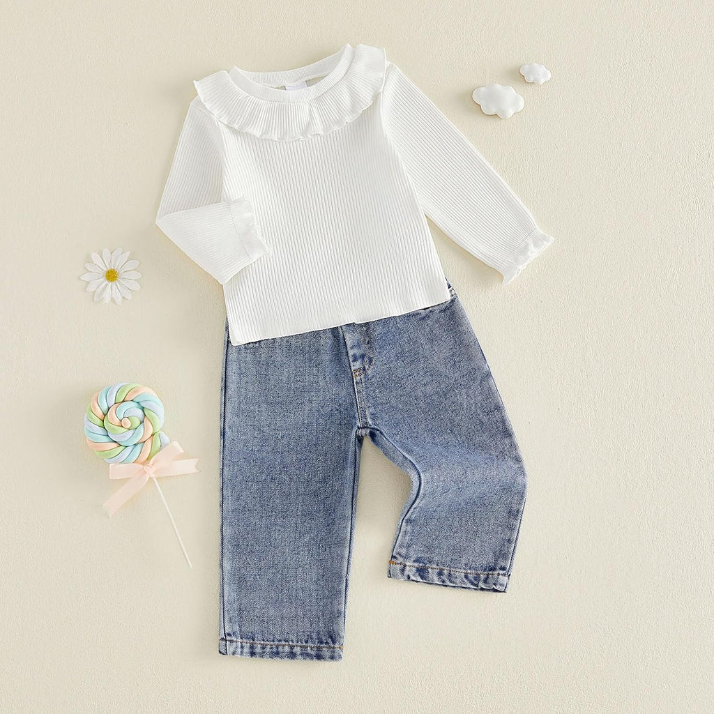 Baby Girl Fall Clothes Toddler Outfit Ruffle Ribbed Long Sleeve Shirt and Jeans Denim Pants Set 2 Piece Clothing