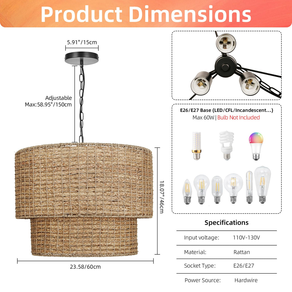 3-Light Boho Large Rattan Chandelier Light Fixture
