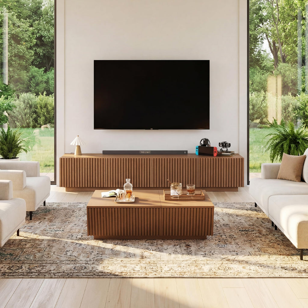 86.61" Fluted TV Stand, Mid-Century Modern Wooden Media Console