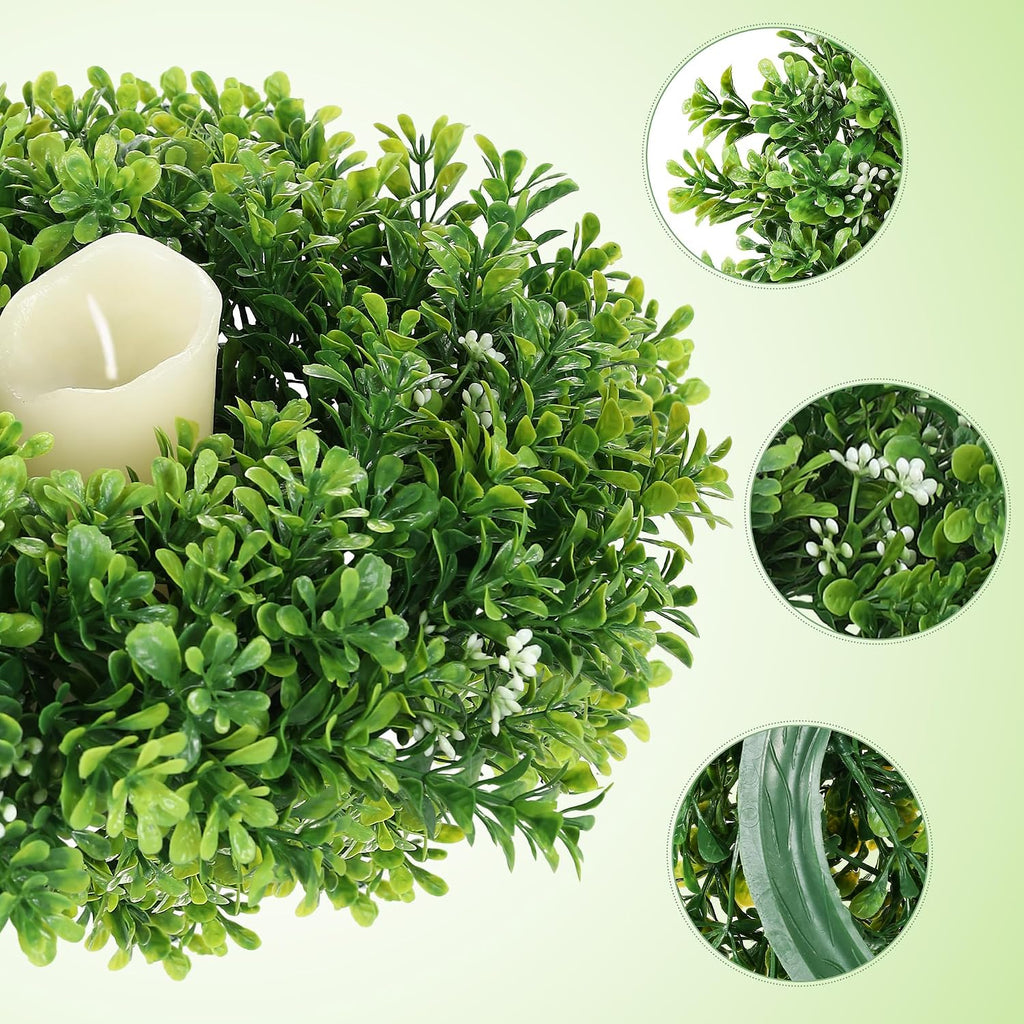 Small Boxwood Wreath for Front Door,10" Boxwood Candle Wreath,Greenery Wreaths for Cabinet Wall Window Door - Set of 2