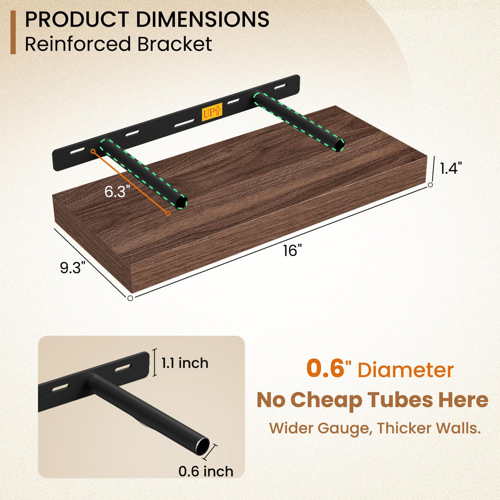 16 Inch Floating Shelves for Wall, 9.3Inch Deep Floating Shelf, Extra Deeper & Thicker Wall Mounted Storage Shelf