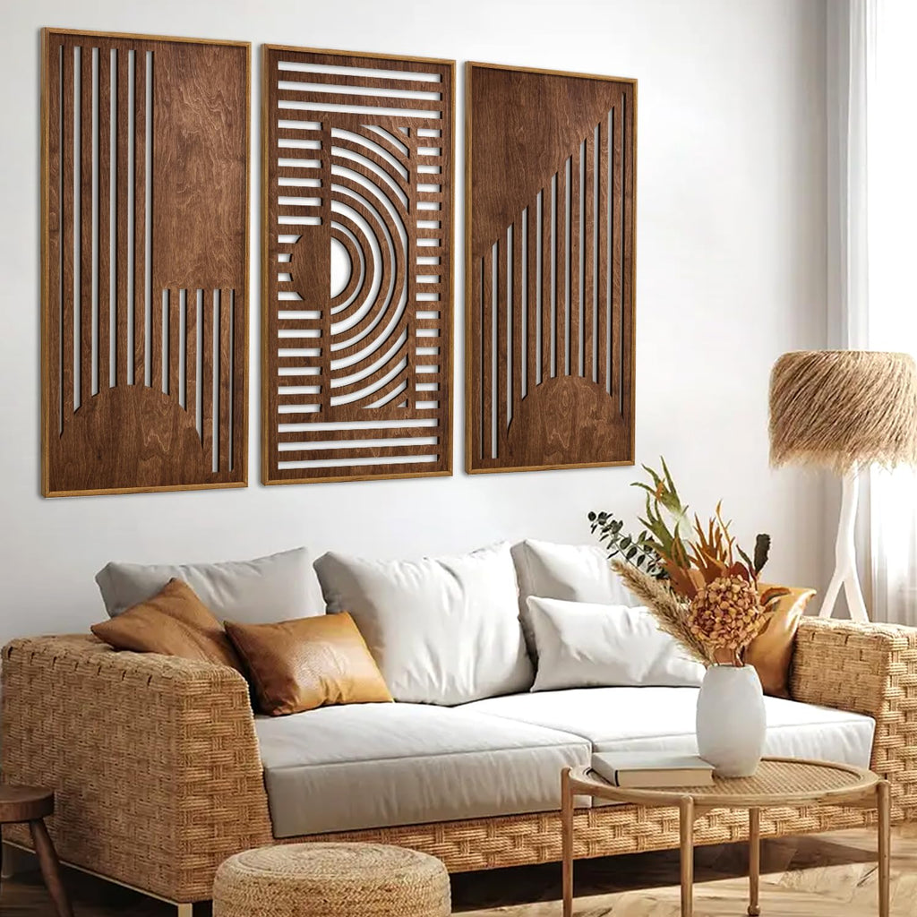 Abstract Geometric Framed Wooden Wall Art Decor(16"x32"x3pcs), Large Vintage Mid Century Rectangle Wall Sculptures