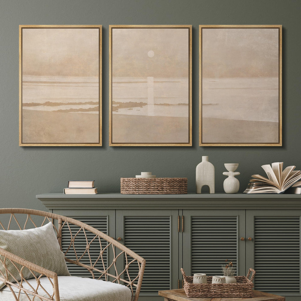 Framed Canvas Print Wall Art Set Muted Beige Minimalist Seascape Illustrations Modern Art Relax/Calm - 16"x24"x3