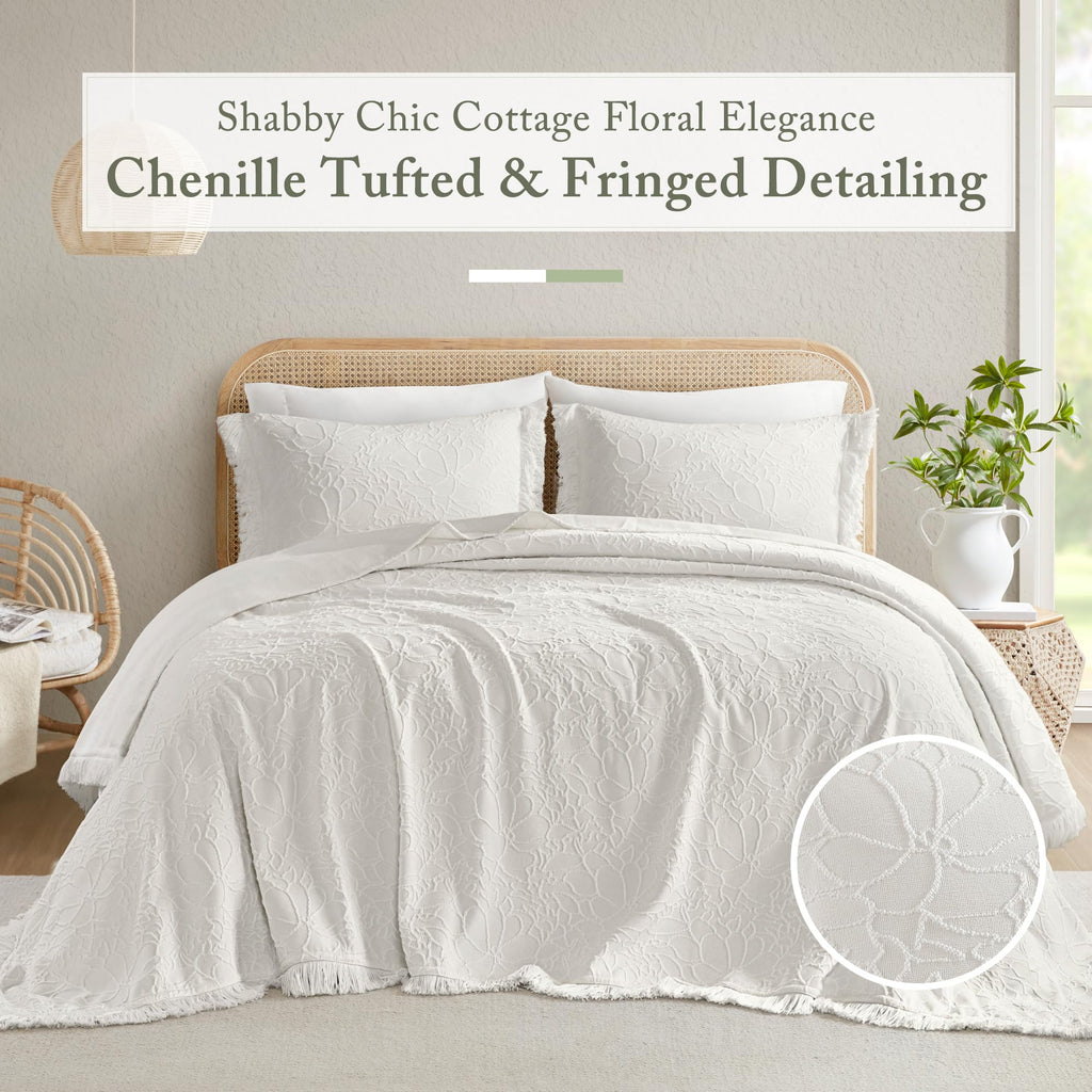 King Bedspread Oversized Chenille Floral Bespread with Fringes, King Bedding Set Cozy Quilt, All Season Lightweight