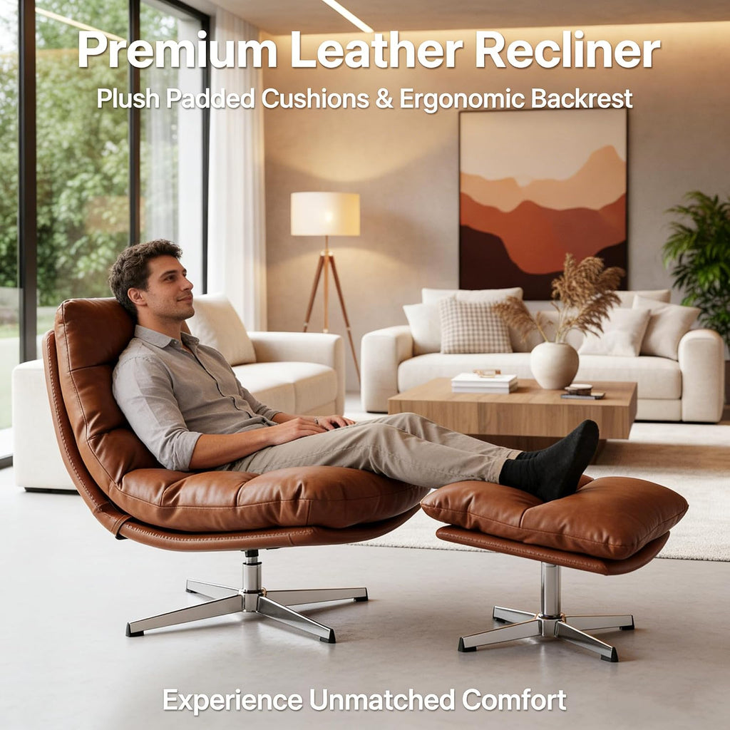 Brown Swivel Lounge Chair with Ottoman Modern PU Leather Accent Chair with Footrest 33'' Wide Oversized Armless