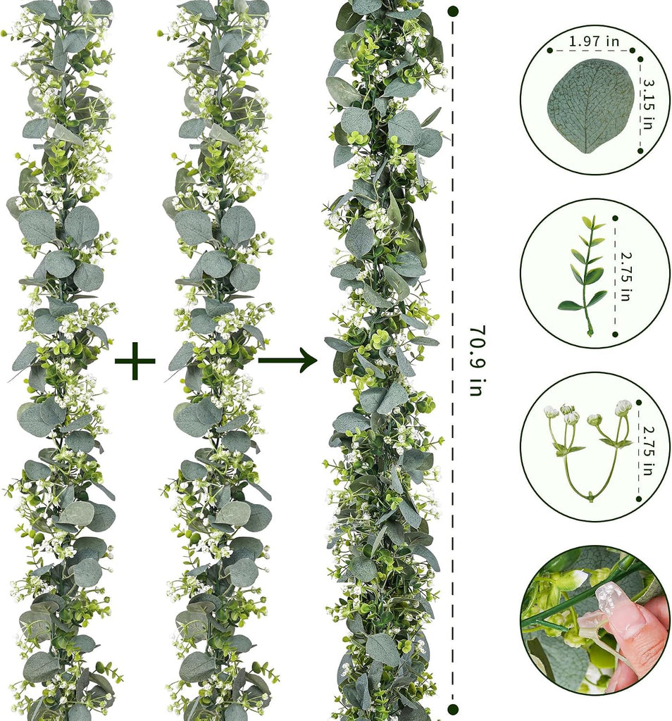 Artificial Eucalyptus Garland with White Flowers,5.9FT Greenery Garland Fake Vines Hanging Green Garlands - Set of 4