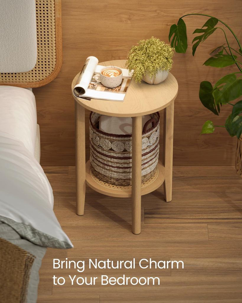 Round Side End Table, 2-Tier Boho Bedside Table with Rattan-Look