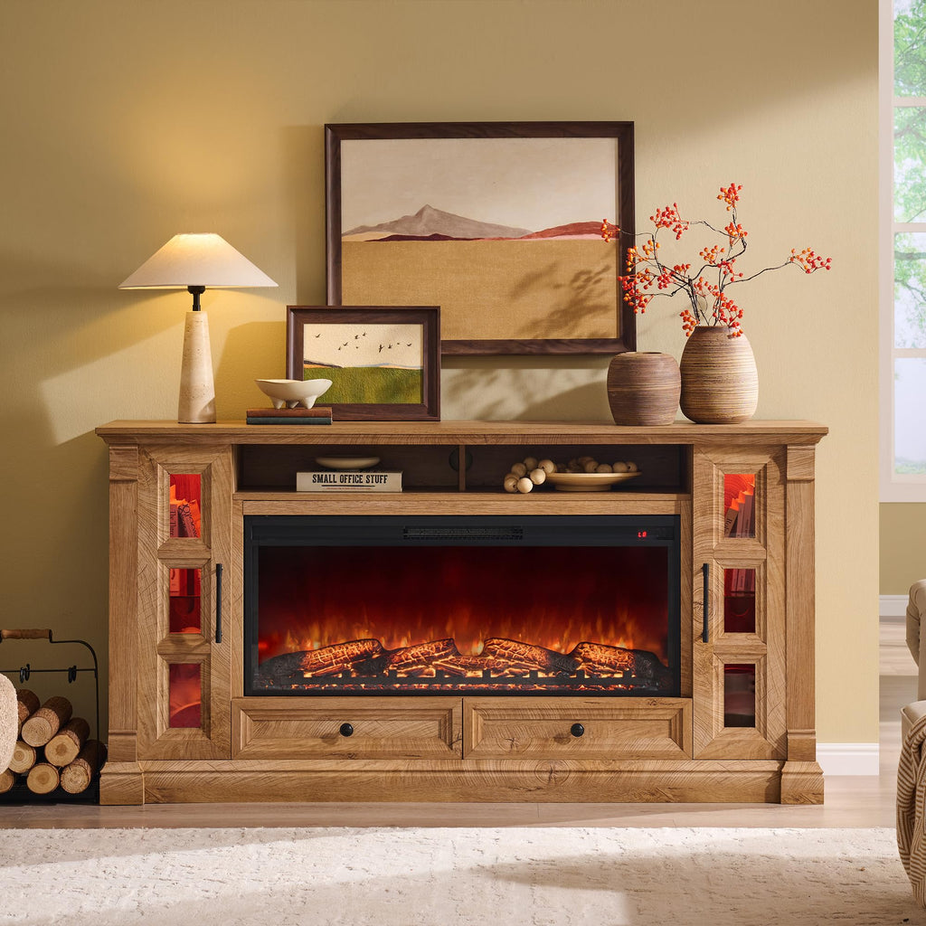 70" Farmhouse TV Stand with 42" Electric Fireplace, Light Knotty Oak