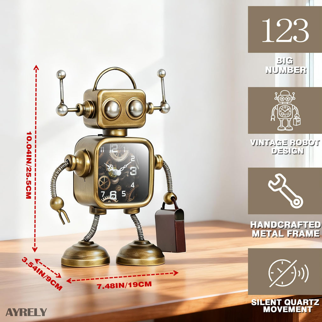 Industrial Steampunk Robot Table Clock, Battery Operated Handcrafted Metal Desk&Shelf Clock, Retro Mechanical