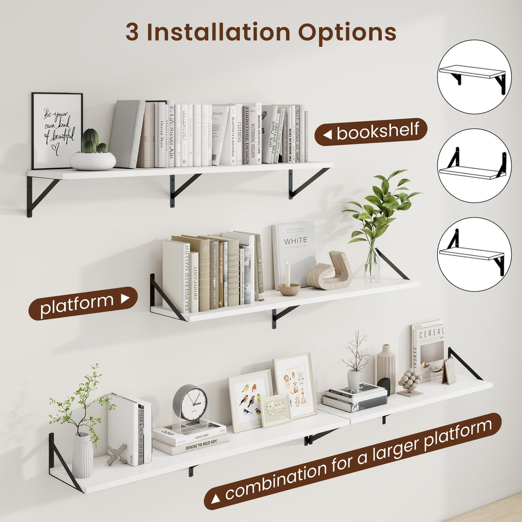 Deep Floating Shelves, 48'' x 10'' White Wall Shelves Set of 2
